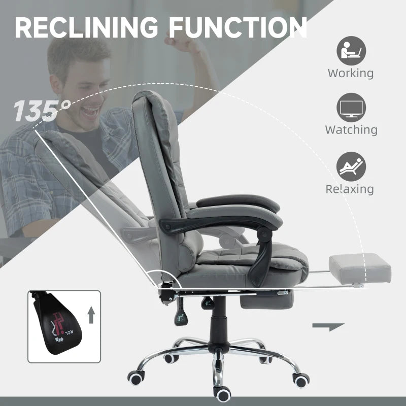 Executive Office Chair with Swivel Wheels, Reclining Backrest & Retractable Footrest - Stylish Grey Home Office Seating
