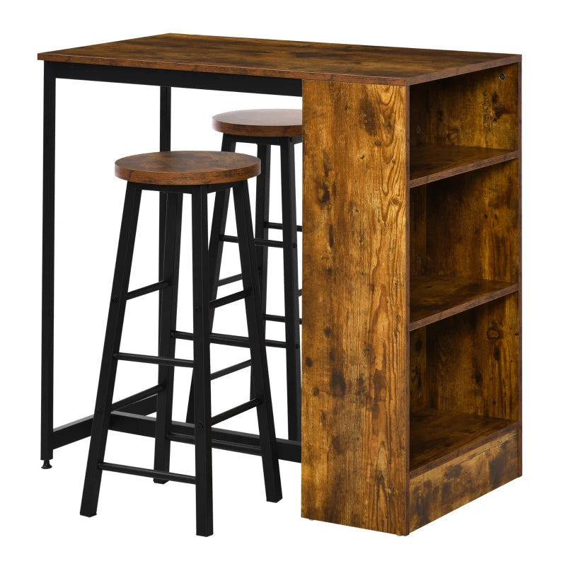 Industrial Bar Table Set for 2 - 3 Piece Pub Table & Bar Stools with Storage Shelf for Kitchen & Dining