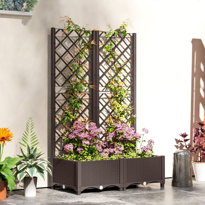 Brown Raised Garden Bed with Trellis - 48" Plastic Planter Box for Climbing Plants, Vegetables, and Flowers with Drainage Holes