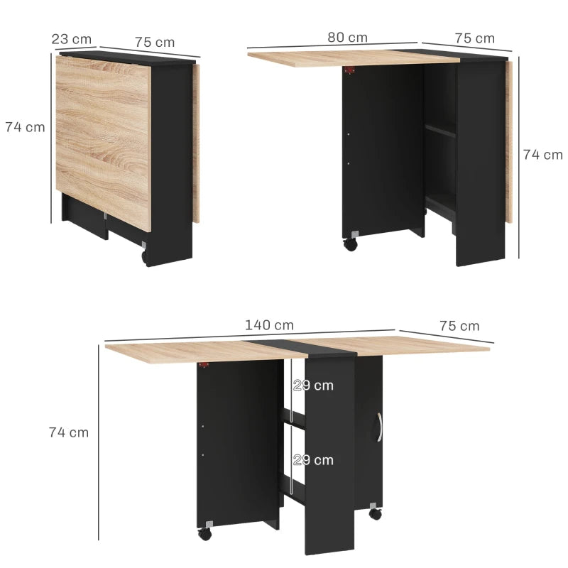 Folding Drop Leaf Dining Table with 2-Tier Shelves & Rolling Casters - Space-Saving Oak & Black Design for Kitchen