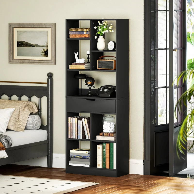 Tall Black Bookshelf with Drawer - Freestanding Bookcase for Bedroom, Living Room & Home Office Storage Solution