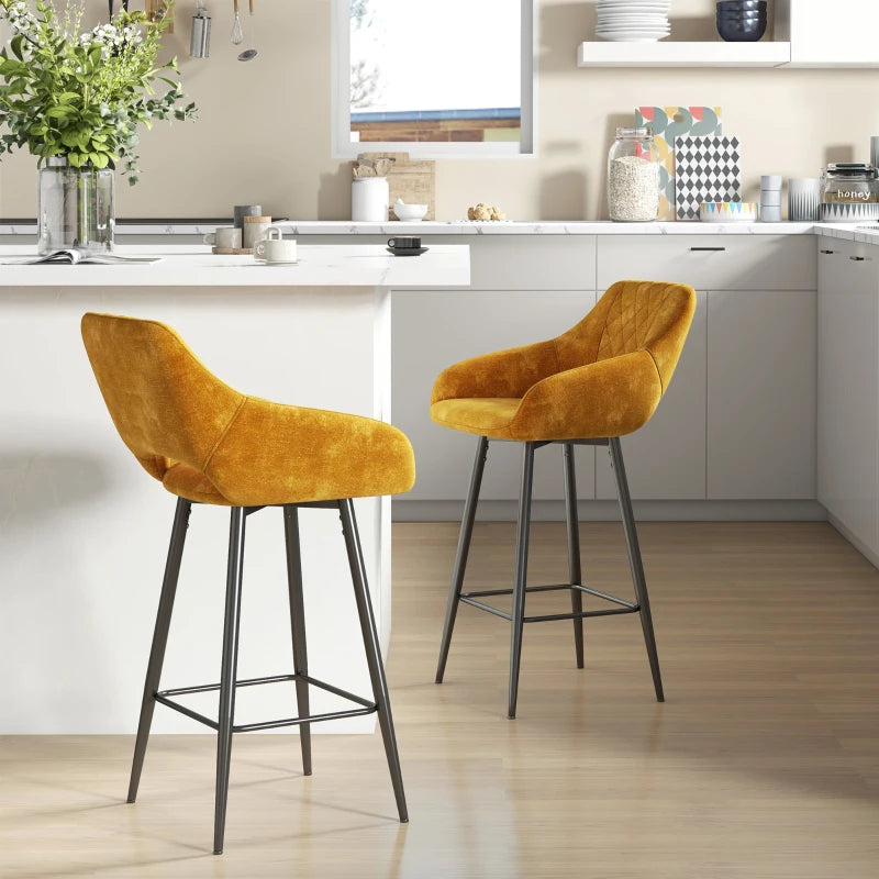 Set of 2 Brown Velvet-Feel Bar Stools - Stylish Modern Seating for Kitchen Island or Home Bar