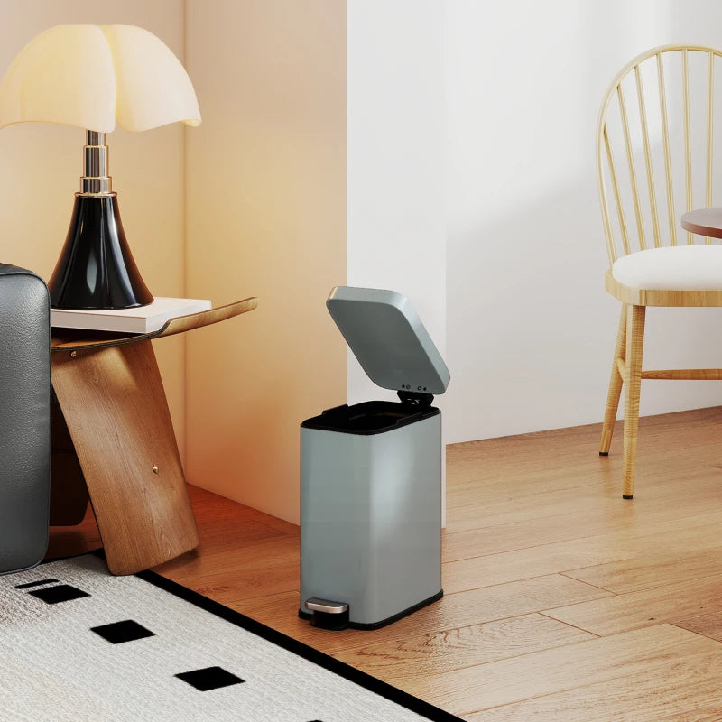 5L Rectangular Compact Steel Trash Can with Removable Bucket & Quiet-Close Lid - Ideal for Home, Office, Bathroom, Grey