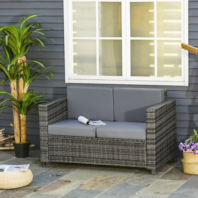 2 Seater Rattan Sofa in Mixed Grey - Soft Padded Cushion & Armrests