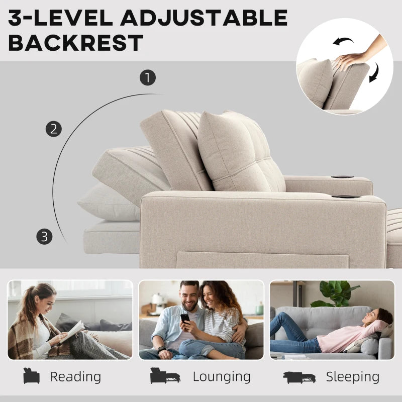 Beige Two-Seater Pull-Out Sofa Bed for Small Spaces