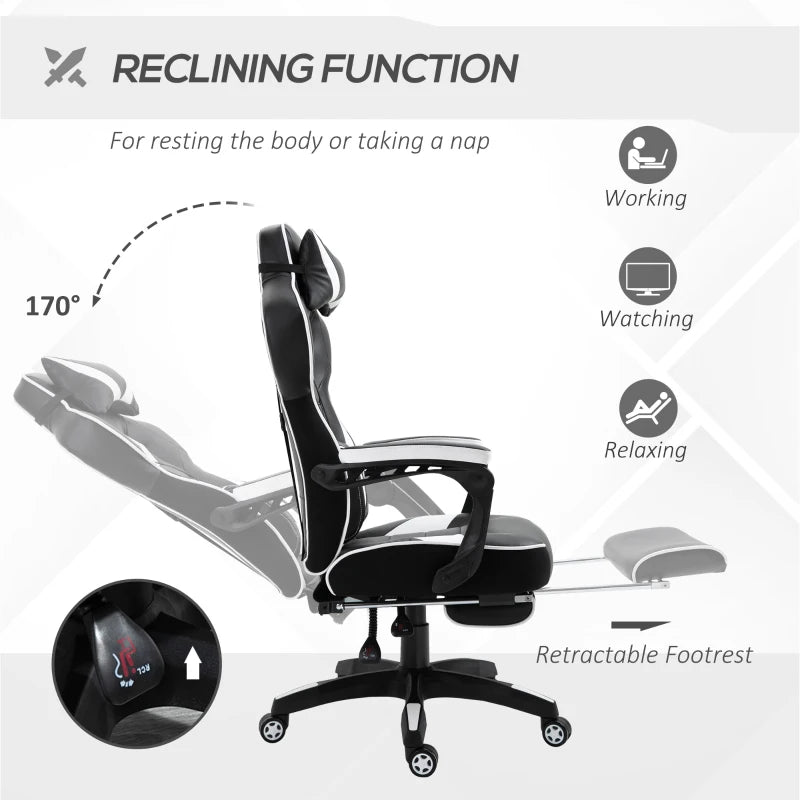 Vinsetto White Gaming Chair with Lumbar Support & Footrest - PU Leather Racing Desk Chair with Headrest & Swivel Wheels