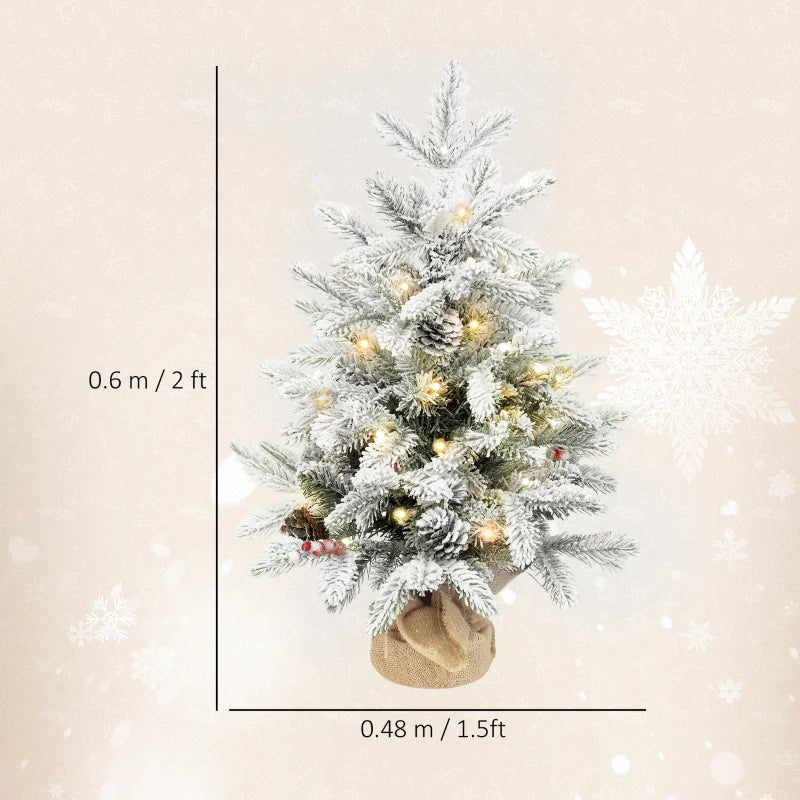 60 cm Prelit Small Christmas Tree - 35 LED Lights, Snow Flocked Mini Xmas Tree with Pine Cones & Berry Clusters