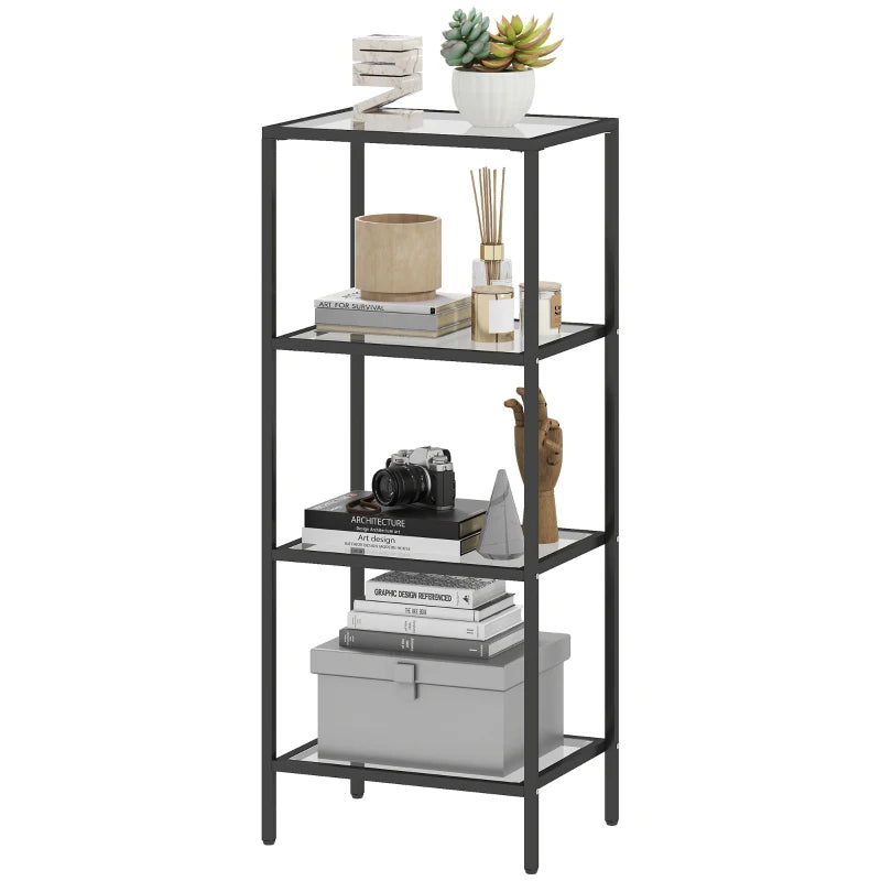 4-Tier Glass Shelving Unit - Stylish Vertical Storage Shelf for Living Room, Home Office, Bedroom & Bathroom - Black