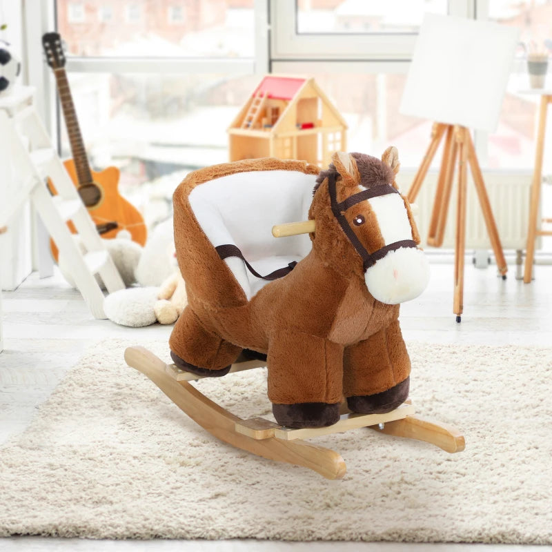 Plush Rocking Horse for Kids with Sound Wooden Base Ride On Toy for Ages 18 to 36 Months Brown