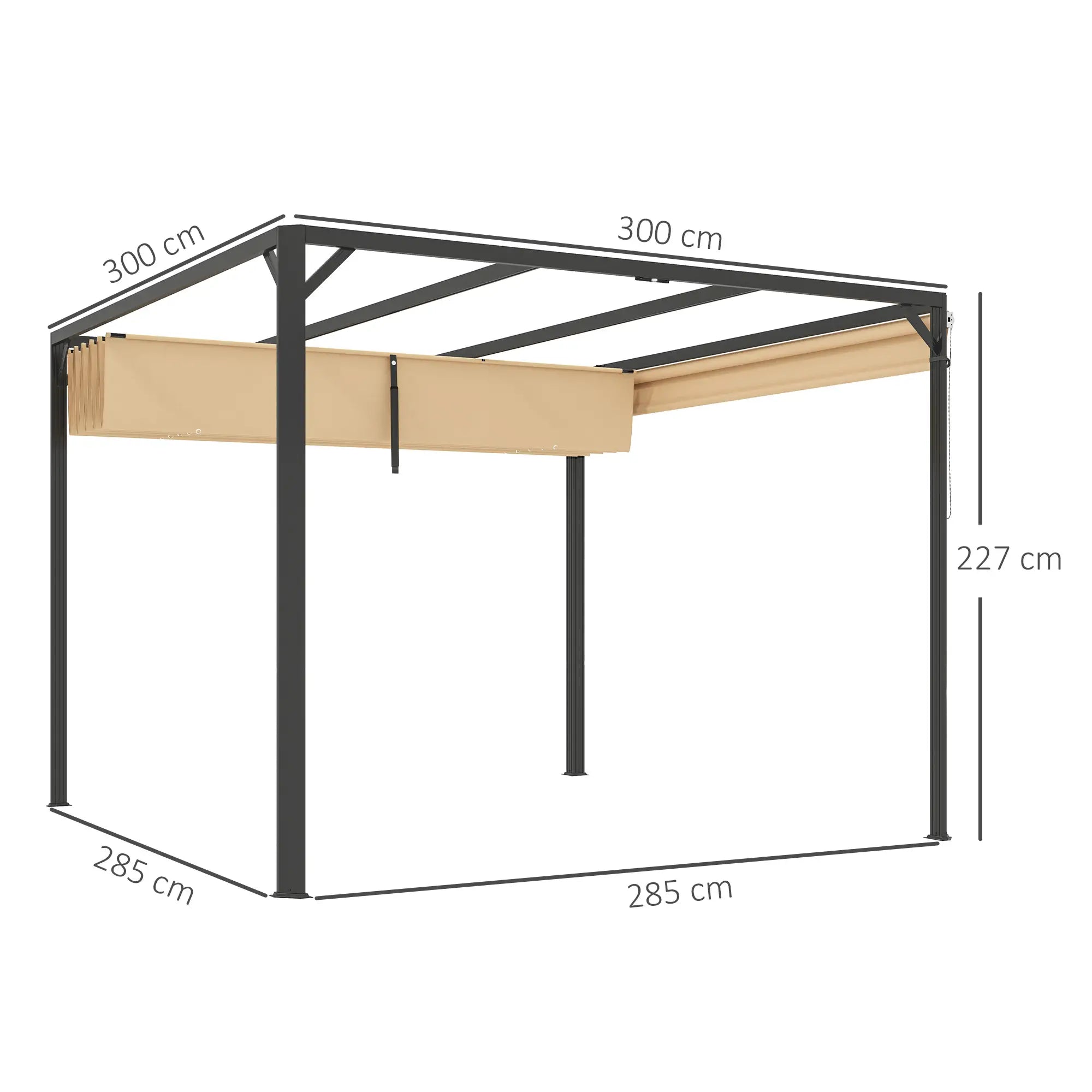 3m x 3m Aluminium Pergola With Retractable Roof and Wall - Khaki