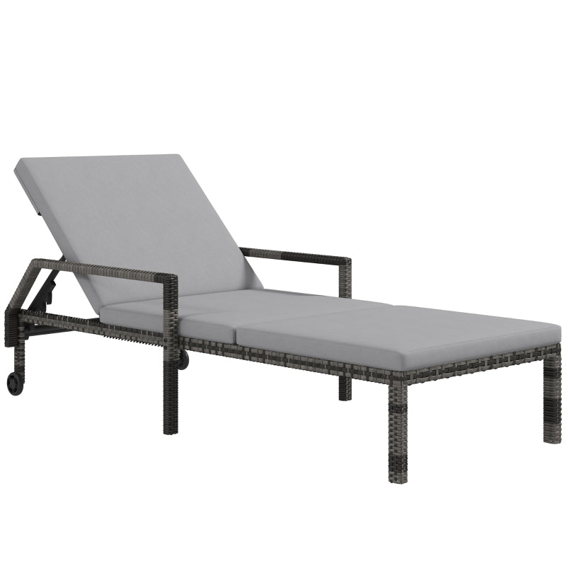 Rattan Wicker Outdoor Sun Lounger - Grey, Adjustable Backrest, 2 Wheels
