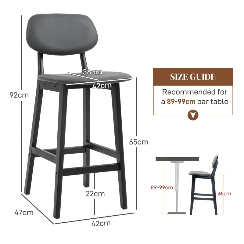 Set of 2 Dark Grey Bar Stools - PU Leather Kitchen Chairs with Backs & Footrests, Solid Wood Legs