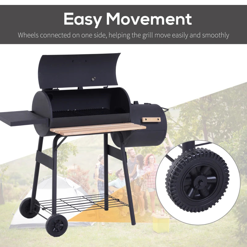 Portable Charcoal BBQ Grill, Cold-Rolled Steel & Solid Wood, Black, 104x124x53 cm