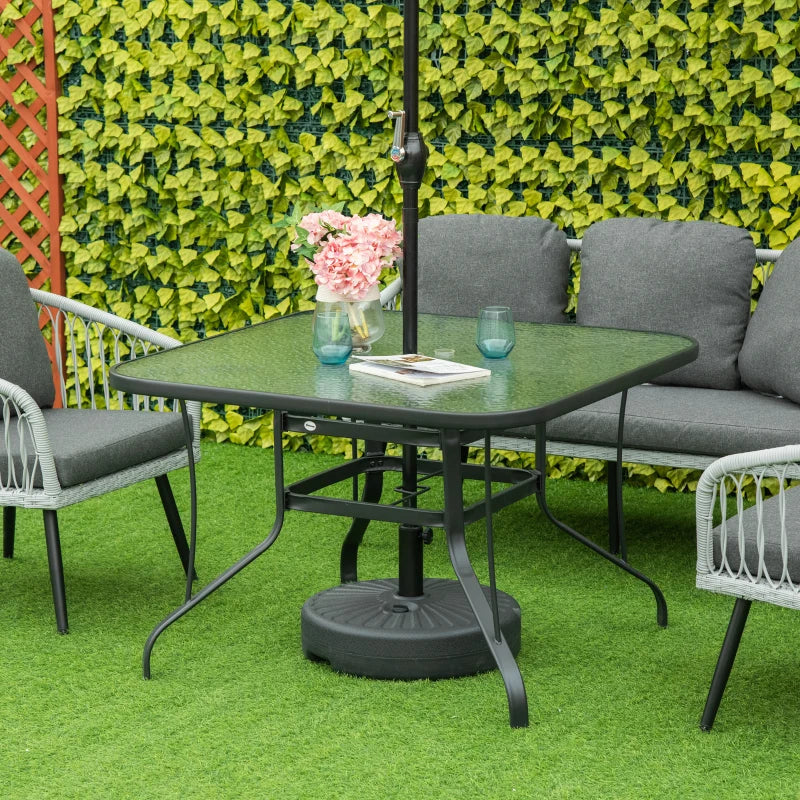 Black Square Outdoor Dining Table with Parasol Hole, Tempered Glass Top, Steel Frame