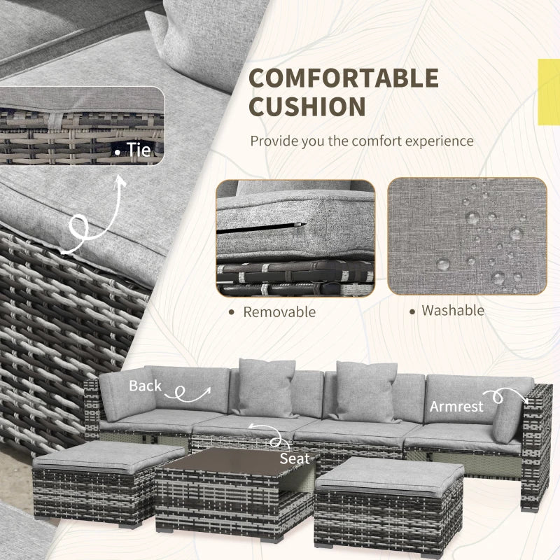 Seven-Piece Rattan Sofa Set With Cushions - Grey