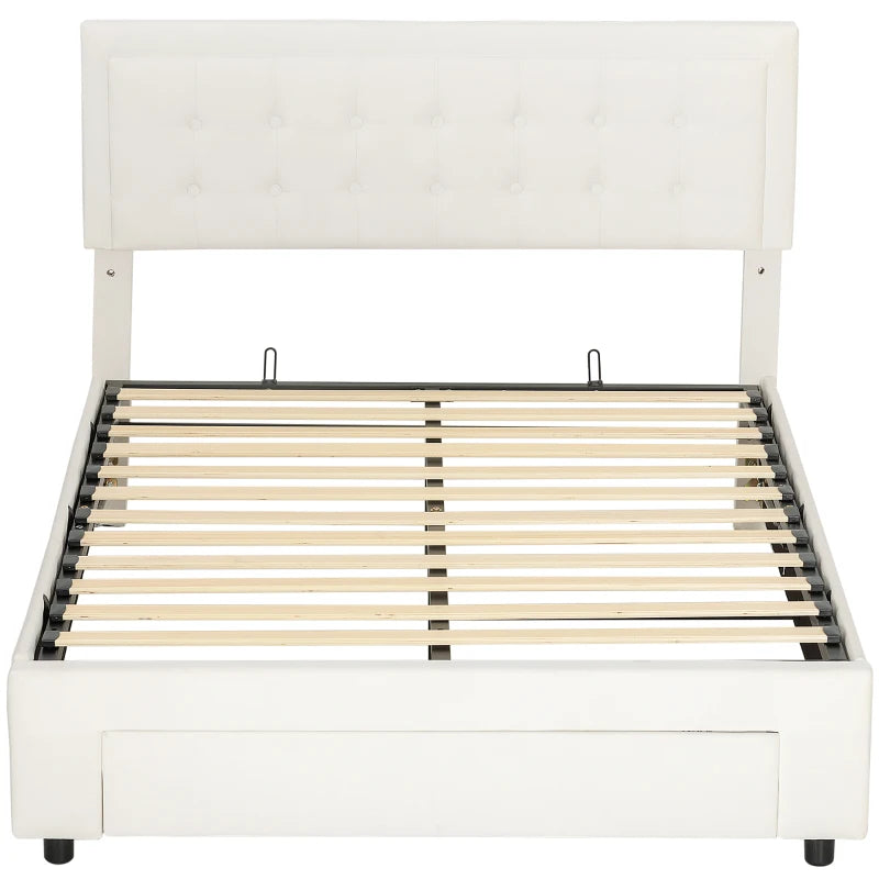 Cream Double Ottoman Bed Frame with Front Drawer for Stylish Storage Solutions