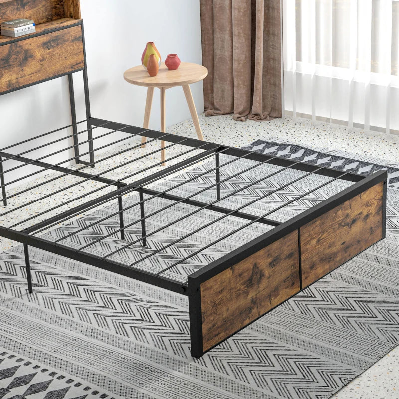 Industrial Style Double Bed Frame with Storage Headboard and Slatted Support 141x207cm Rustic Brown