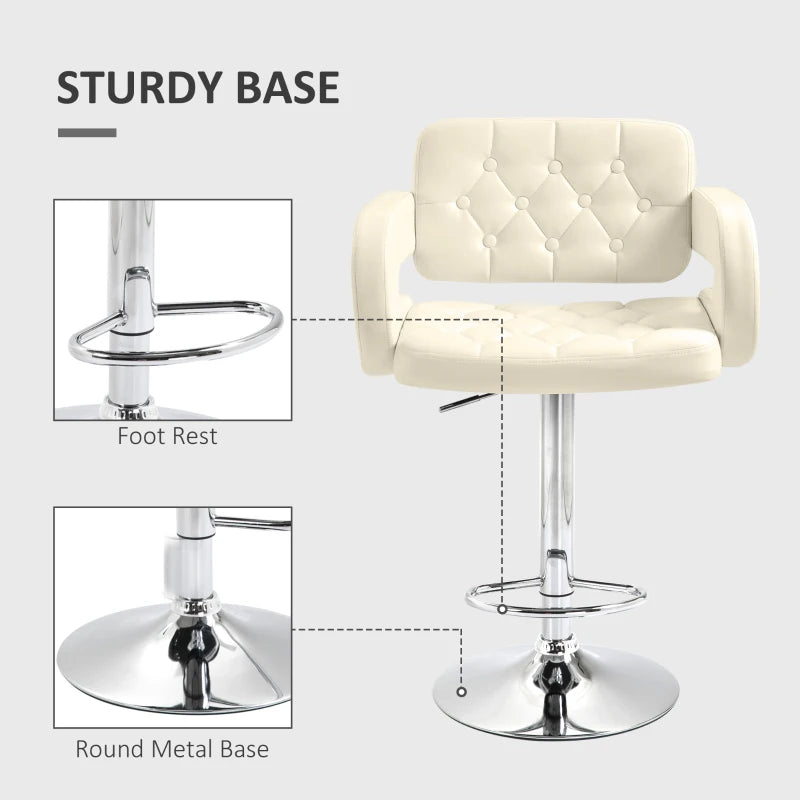 Set of 2 Upholstered Swivel Bar Stools - Height Adjustable with Back, Armrest & Footrest - Modern White Kitchen Seating