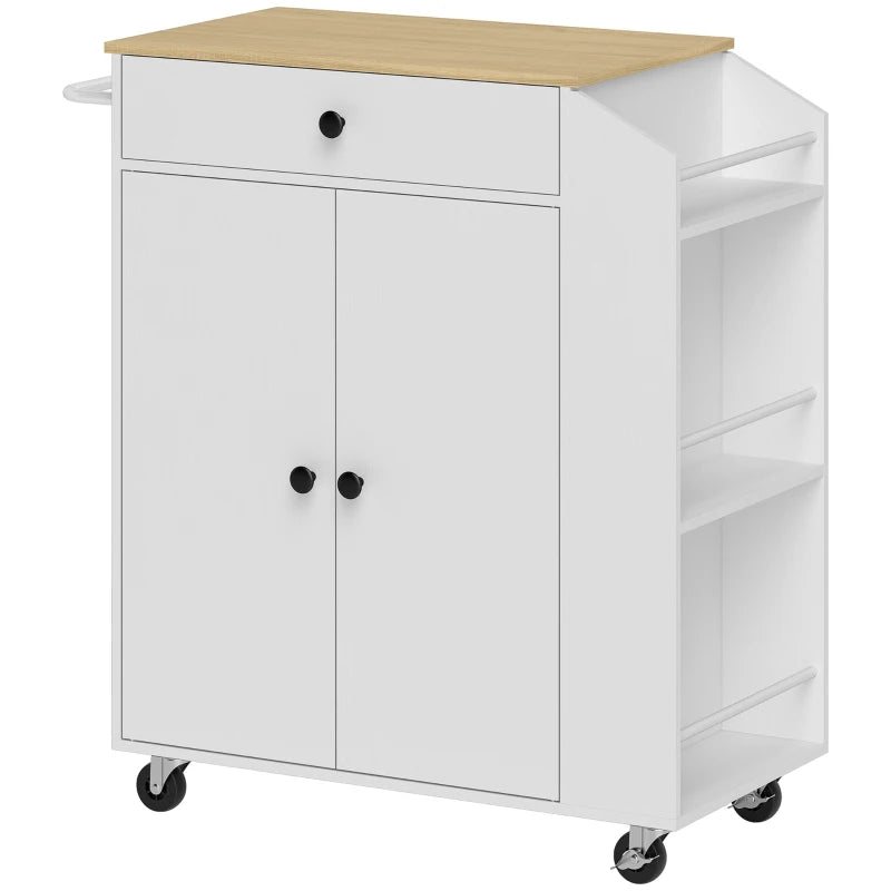 Rolling Kitchen Island Cart with 3-Tier Spice Rack, Drawer & Towel Holder - White Kitchen Storage Solution