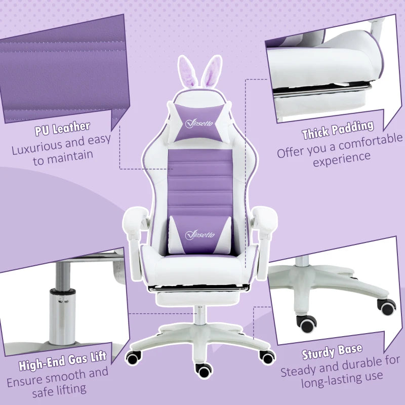 Vinsetto Purple Racing Gaming Chair - Reclining PU Leather with Removable Rabbit Ears, Footrest, Headrest & Lumbar Support