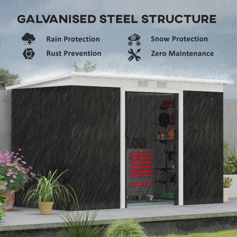 Black 9ft x 4ft Metal Garden Storage Shed With Foundation Kit, Ventilation and Double Doors