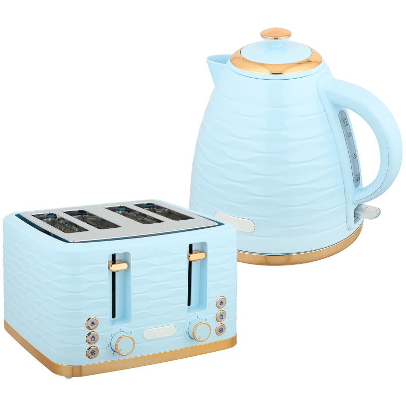Light Blue 3000W Kettle & 4 Slice Toaster Set - 1.7L Capacity, 7 Browning Controls, Easy Clean Crumb Tray