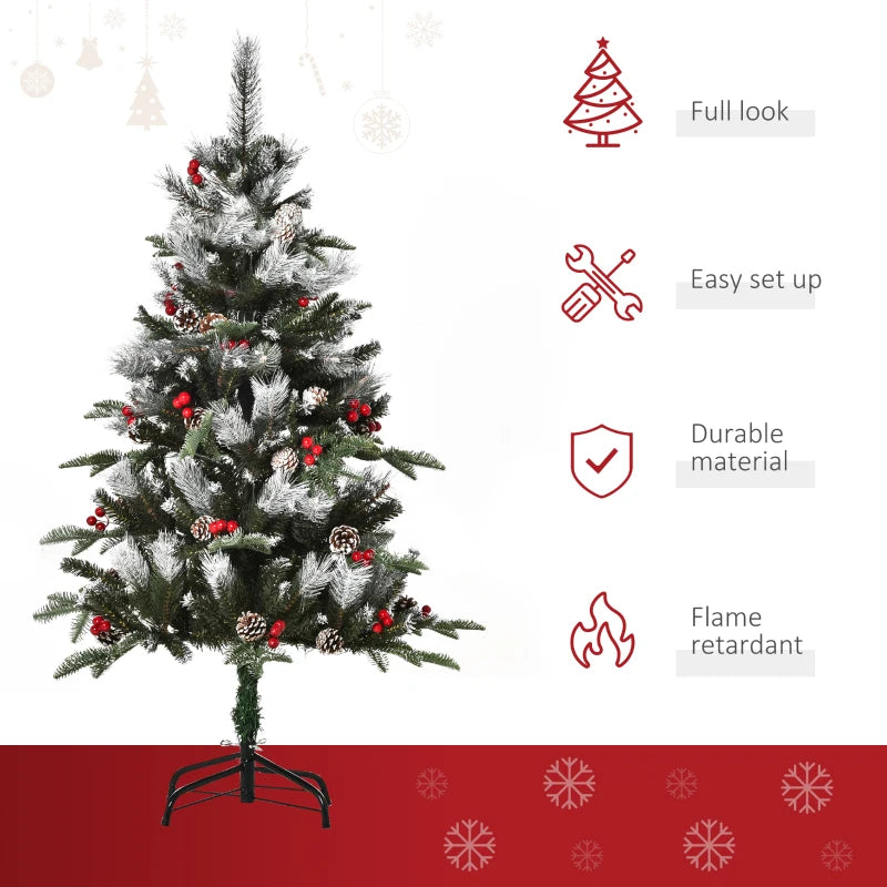 4FT Snow Dipped Christmas Pencil Tree with Red Berries & White Pinecones - Foldable Holiday Decoration for Home Parties