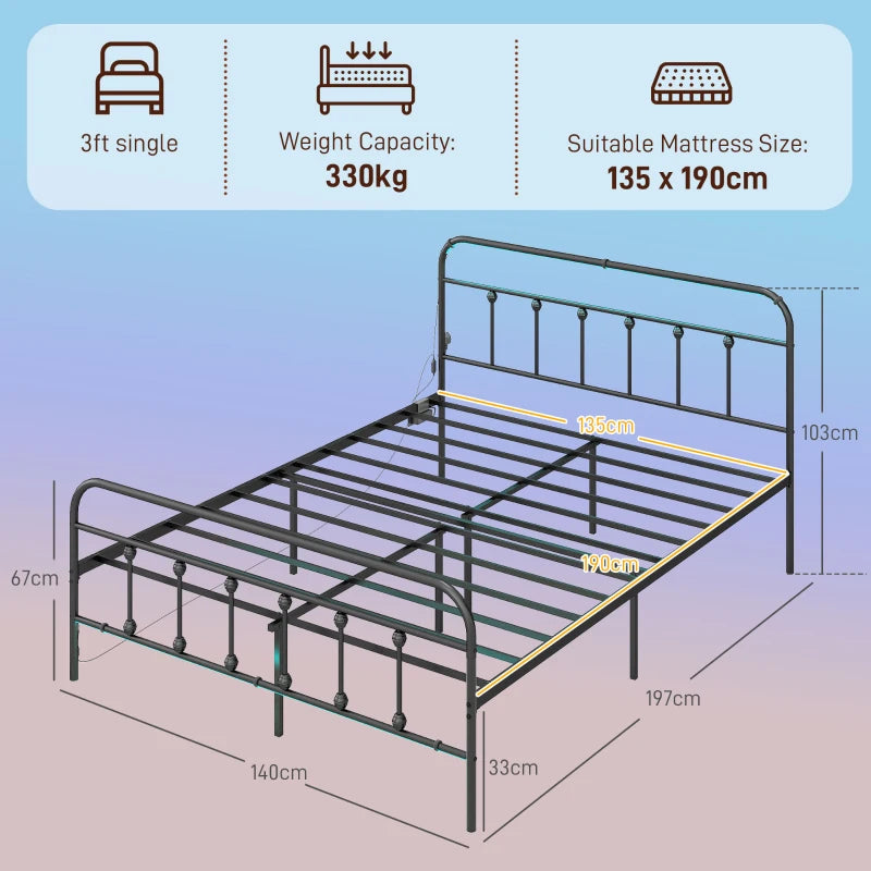 Modern Black Double Bed Frame with LED Lights & Charging Station, Metal Platform Design with Under Bed Storage
