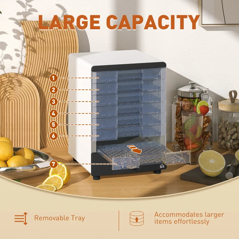 Premium Seven Tray Food Dehydrator - Adjustable 40-70°C Temperature Control - Compact White Design for Healthy Snacks