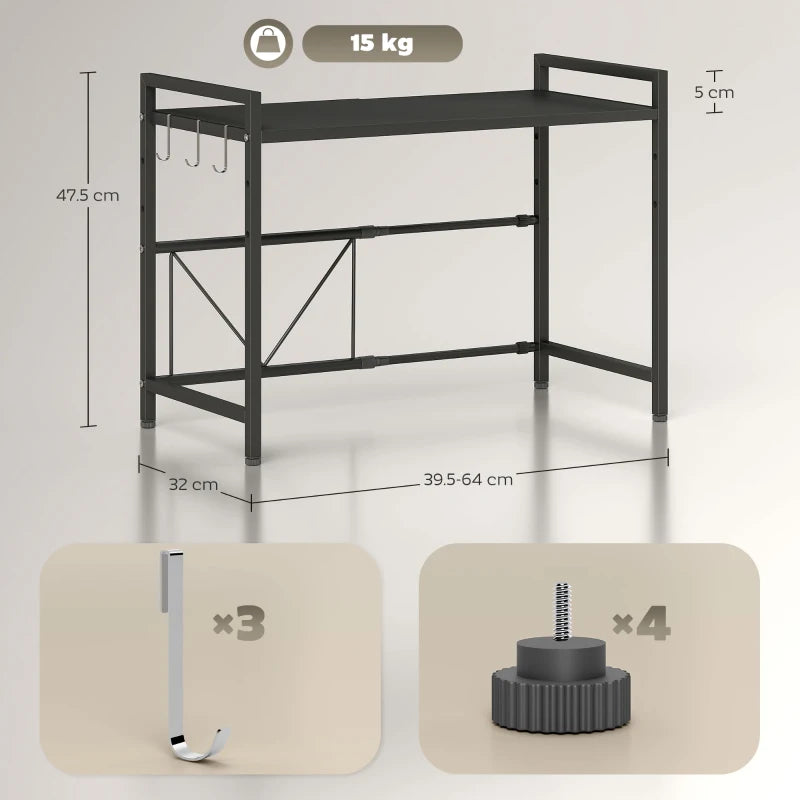 Expandable Microwave Oven Rack with 3 Hooks - Space-Saving Kitchen Organizer, Black - Perfect for Small Spaces