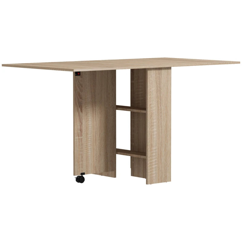 Folding Drop Leaf Dining Table for Small Spaces - 2-Tier Shelves & Rolling Casters - Natural Finish Kitchen Table