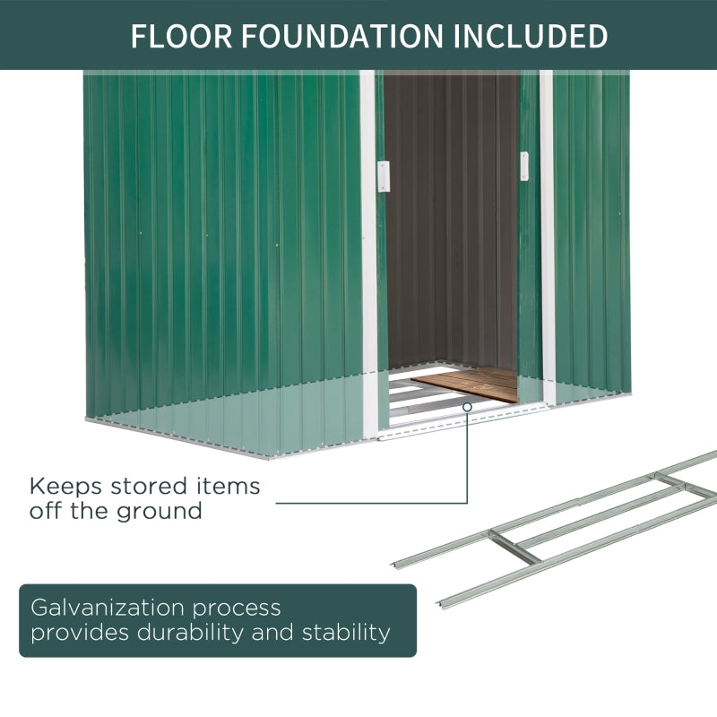 Green 7ft x 4ft Lockable Metal Shed with Ventilation Slots, Foundation Kit and Lockable Double Doors
