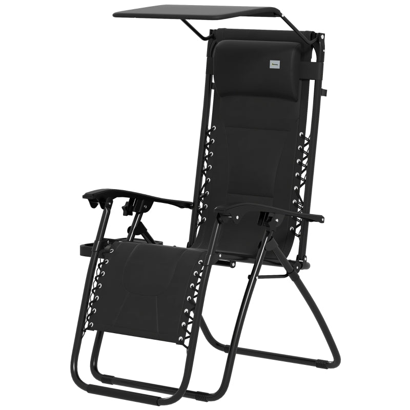 Zero Gravity Lounger Chair - Folding Reclining Patio Chair with Shade Cover, Padded Seat, Cup Holder, Soft Cushion and Headrest - Black, Large