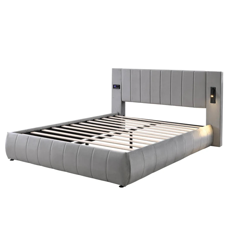 Stylish King Size Upholstered Bed with Stereo and USB Charging Ports Velvet Iron Frame Grey