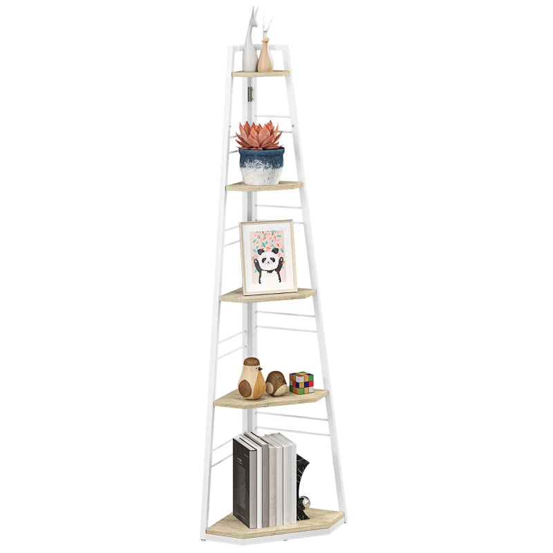 Stylish Five-Tier Corner Shelf - White and Wood-Effect Storage Solution for Home Decor and Organization