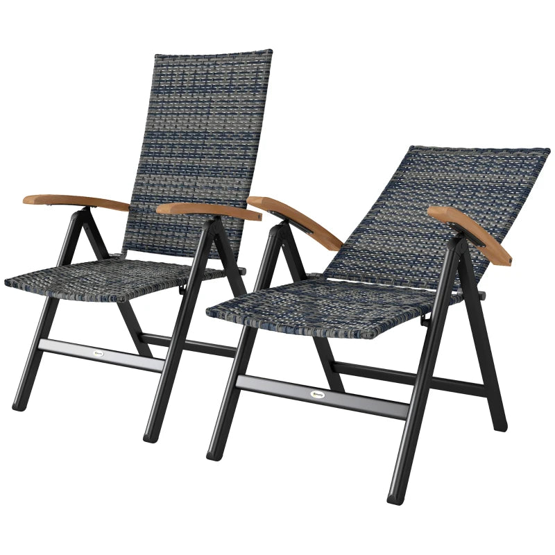 2-Piece Folding Rattan Garden Dining Chairs Set - 5-Level Reclining High Back, Wood Armrests, Outdoor Furniture - Mixed Grey