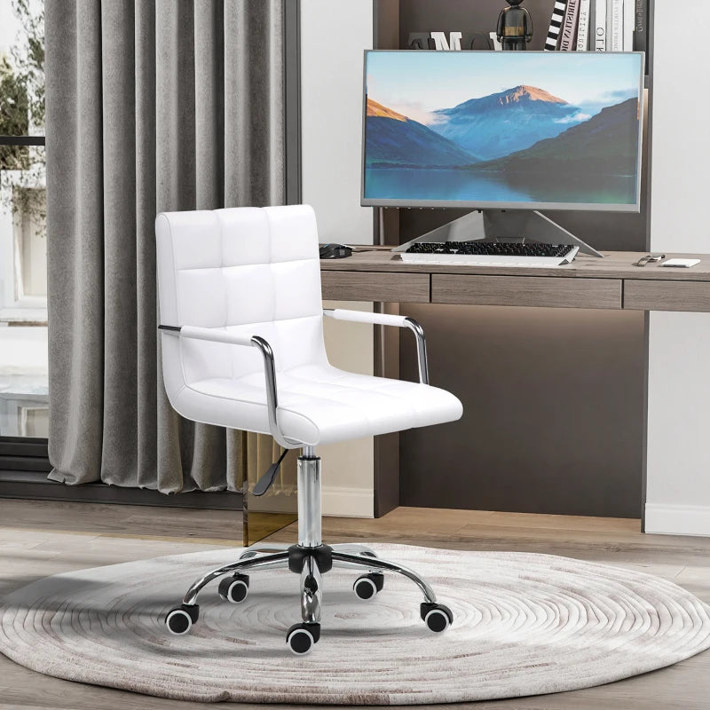 Vinsetto White Makeup Vanity Chair - PU Leather Mid Back Office Chair with Adjustable Height, Armrests & Rolling Wheels