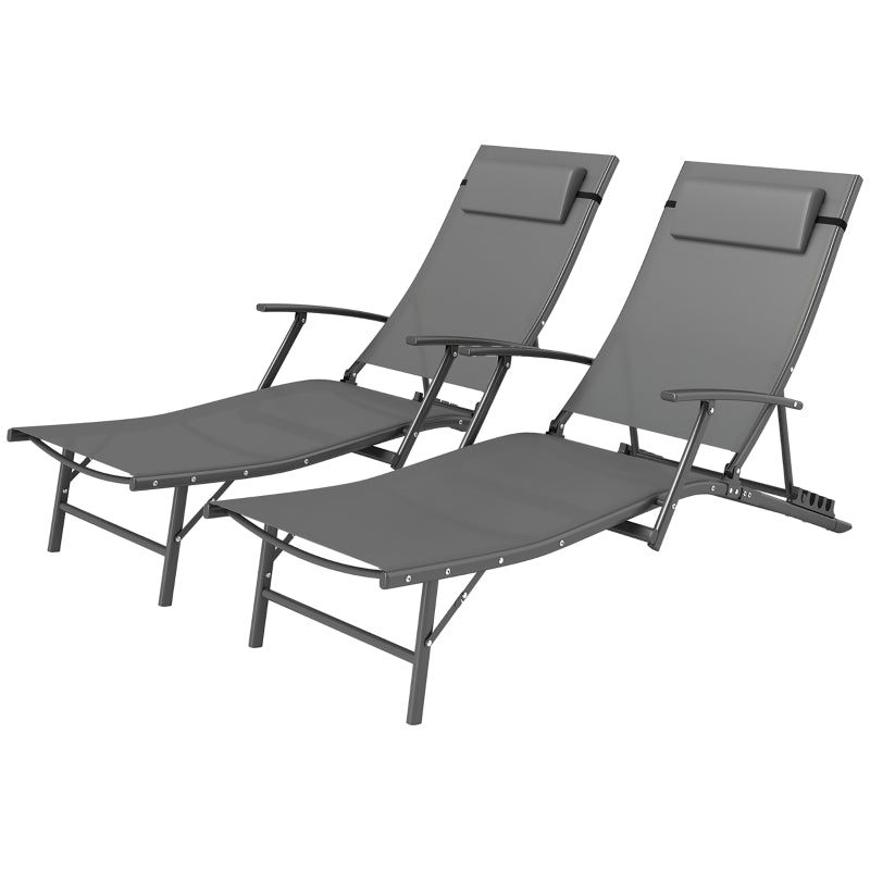 Set of 2 Grey Folding Sun Loungers - Adjustable 4 Position Outdoor Chaise Lounge Chairs with Armrests and Pillows - Steel Frame Sunbed Recliners for Garden, Patio, Beach and Poolside