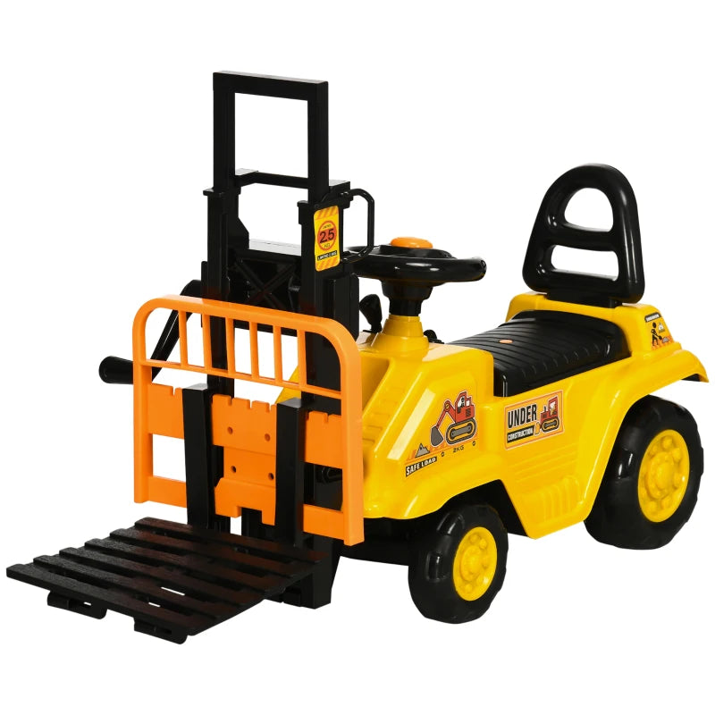 Kids Ride-On Construction Vehicle with Fork and Tray Sounds in Bright Yellow