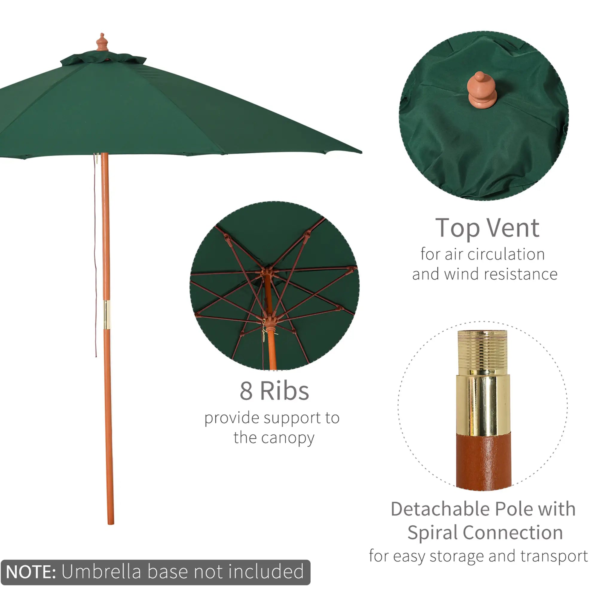 Green 2.5m Round Garden Parasol Umbrella with Wooden Pole