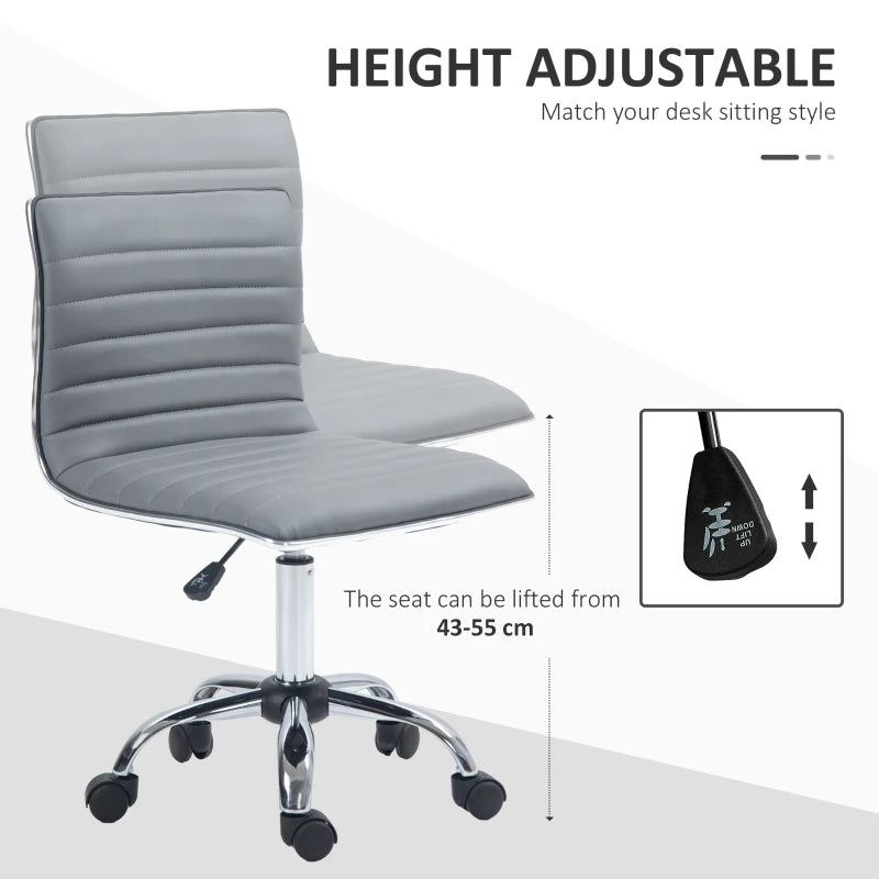 Light Grey Armless Task Desk Chair - Swivel Faux Leather Office Chair with Adjustable Height & Chrome Base for Home
