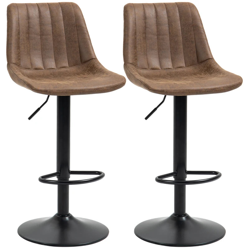 Set of 2 Swivel Bar Stools with Back - Adjustable Counter Height Chairs for Kitchen Island, Brown with Steel Footrest
