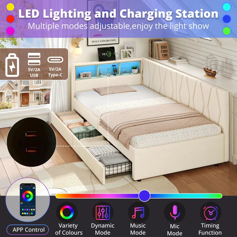 Compact Linen Daybed with Storage Drawers LED Headboard and Charging Station Beige Sofa Bed