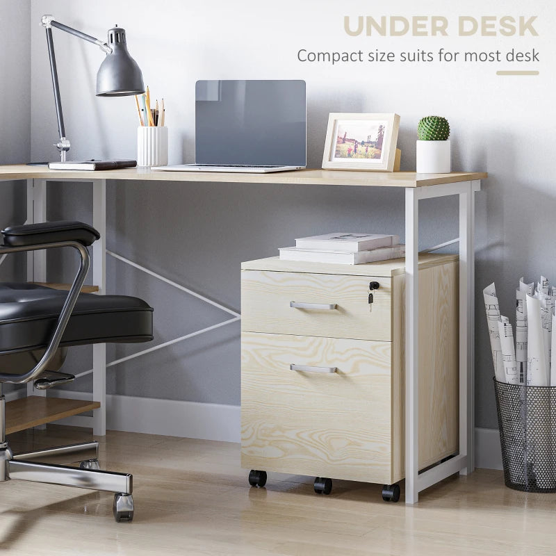 Vinsetto 2-Drawer Locking Office Filing Cabinet with 5 Wheels - Oak Wood Grain Storage for A4 Files & Home Organization