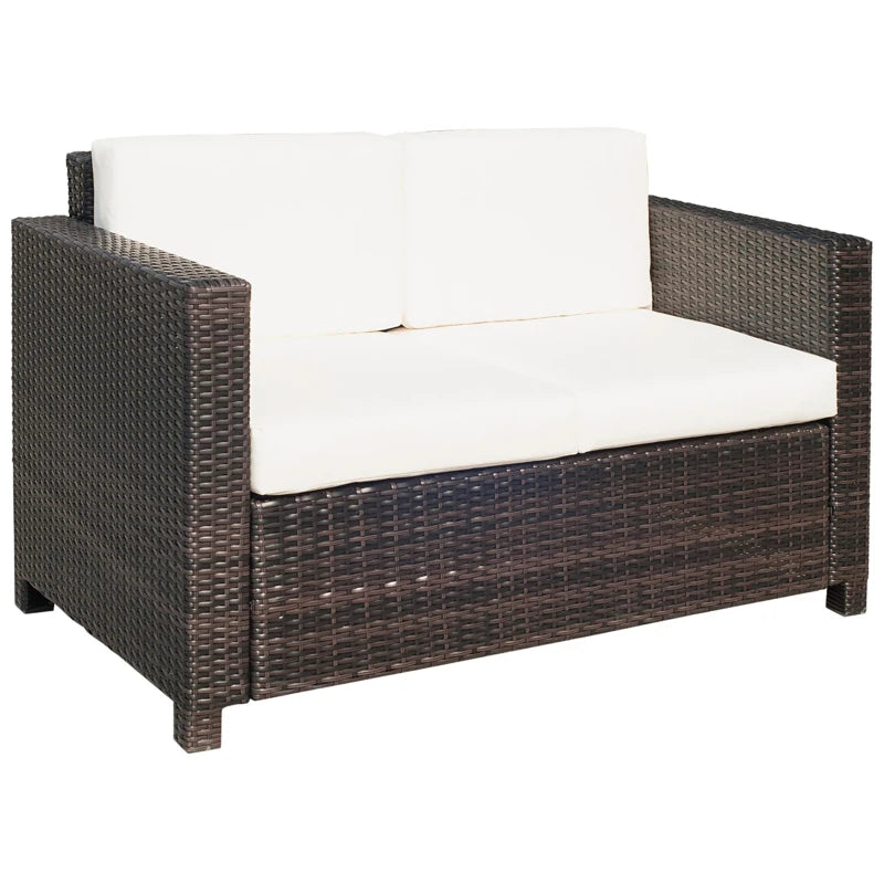 2 Seater Rattan Sofa - Mixed Brown Wicker Garden Loveseat with Soft Padded Cushions and Armrests for Patio