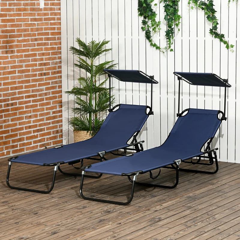 2 Piece Dark Blue Folding Sun Loungers with Canopy - Adjustable Recliner Garden Chairs with Side Pocket, Steel Frame and Breathable Mesh for Outdoor, Pool, Beach, Garden