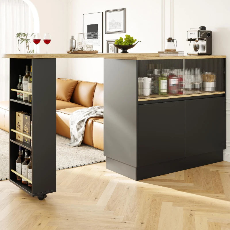 360° Swiveling Black Dining Bar Cabinet with Sliding Glass Doors & Open Shelves - Rotating Table, 90L x 120W x 100H cm