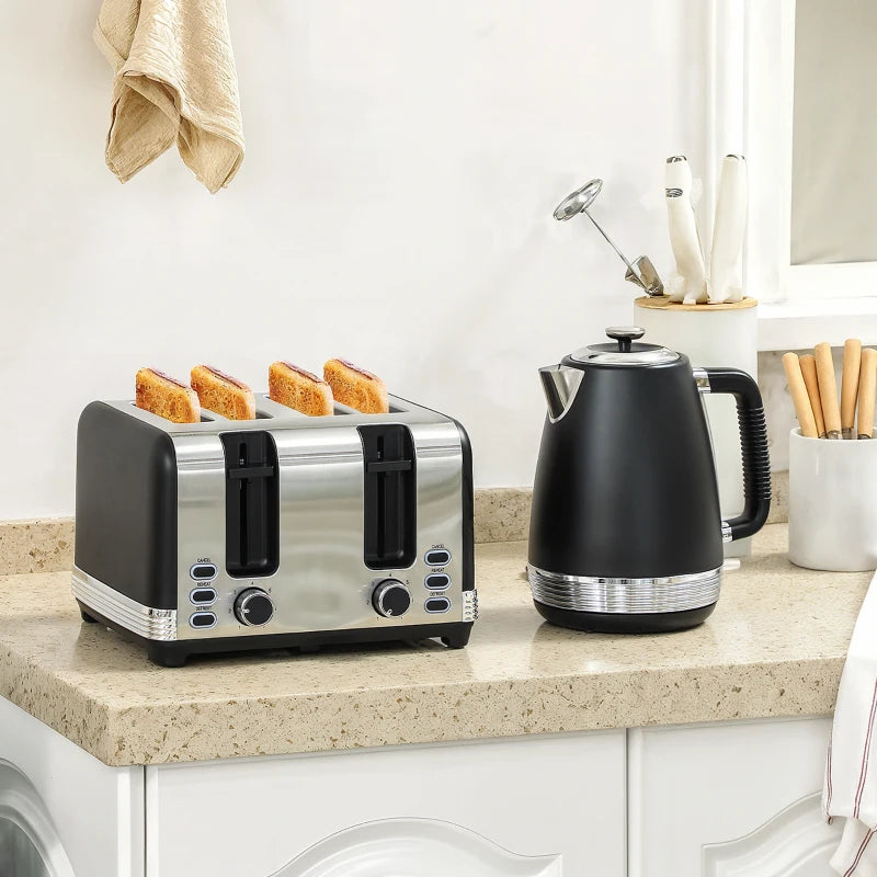 Stainless Steel Kettle & Toaster Set - 1.7L Rapid Boil Jug Kettle with Strix Thermostat & 4 Slice Toaster - Black/Silver