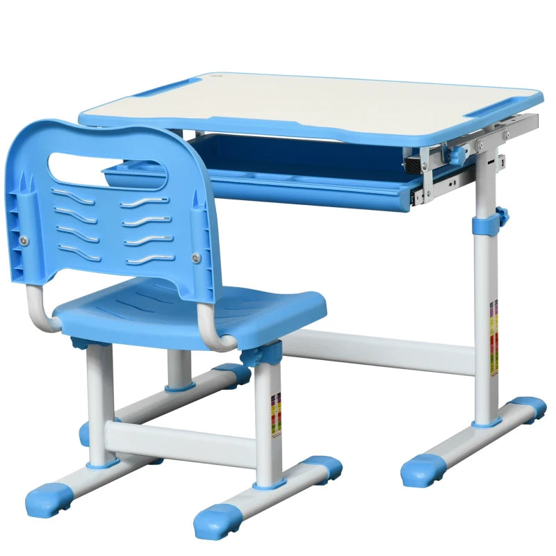Kids Height Adjustable Desk and Chair Set - Blue, Tiltable Study Table with Drawer, Pen Slot & Hook for Students