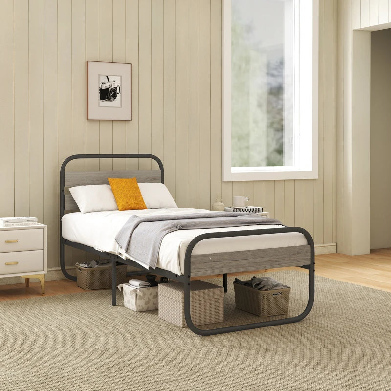 Industrial Style 3ft Single Metal Bed Frame with Under Bed Storage - Easy Assembly, No Box Spring Needed, Grey